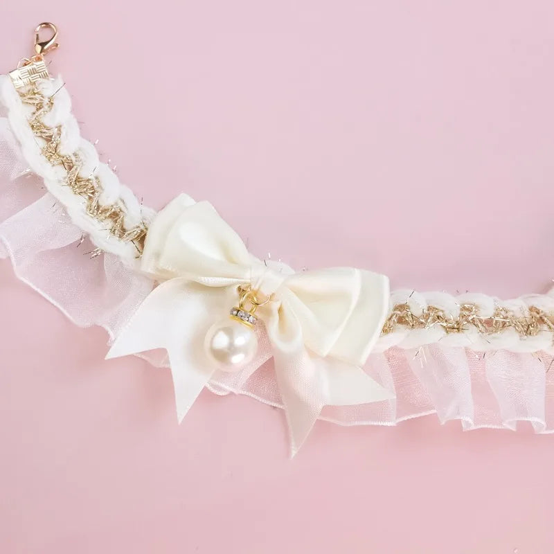 Lace Princess Cat Collar Necklace with Bow and Pearl Decoration Cute Kitten Jewelry Accessory