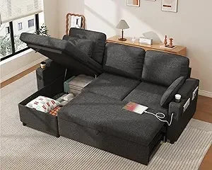 Dark Gray L-Shaped Sofa/ Bed with Storage Chaise, USB ports, and Cup Holders