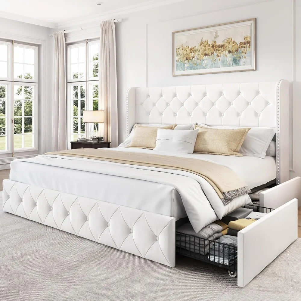 King Size Bed Frame with 4 Storage Drawers and Tufted Velvet Wingback Headboard/ Upholstered Platform Bed Frame