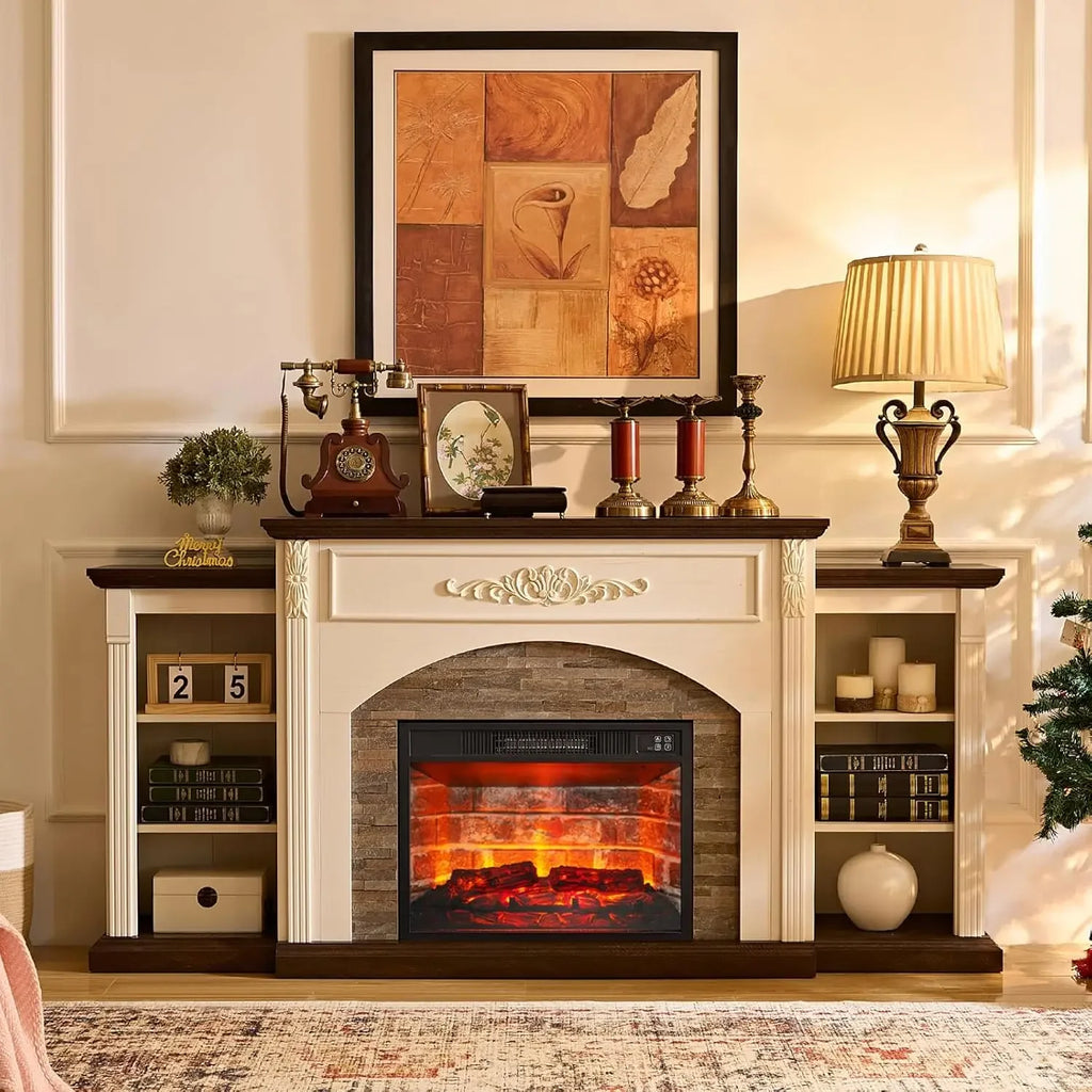 72" Electric Fireplace with Mantel, Farmhouse TV Stand for TVs Up to 80", White Entertainment Center with Storage