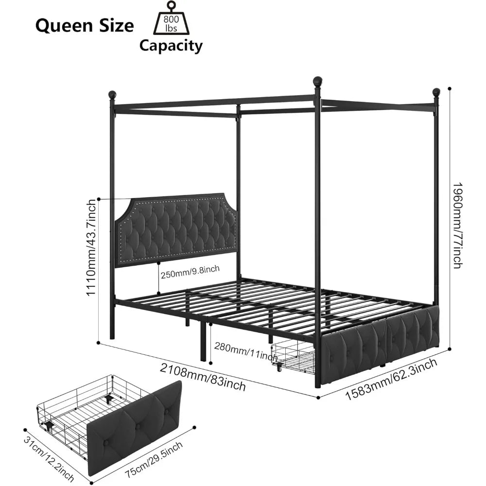 Queen Size Upholstered Canopy Bed Frame with Button Tufted Headboard, Metal Platform Base, and 2 Storage Drawers