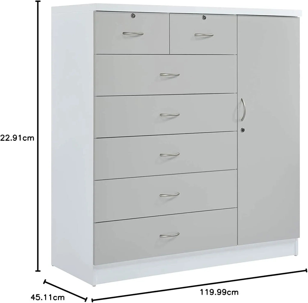 7-Drawer Large Chest with 5 Big Drawers, 2 Small Drawers, Locks, Hanging Rod, and 3 Shelves in Grey-White