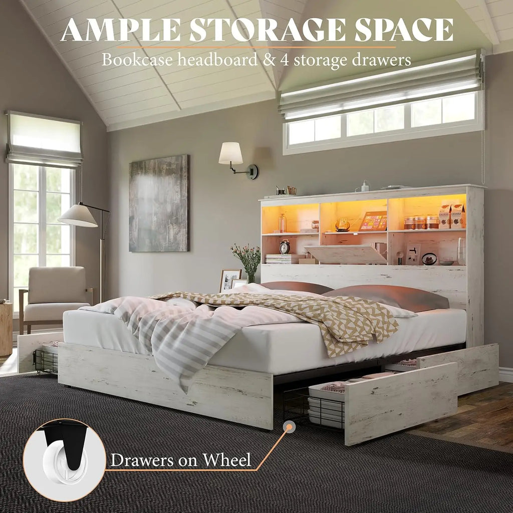 2-Piece Bedroom Set, Queen Bed Frame and 6 Drawer Dresser, Platform Bed with 51.2" LED Bookcase Headboard & 4 Under-Bed Drawers