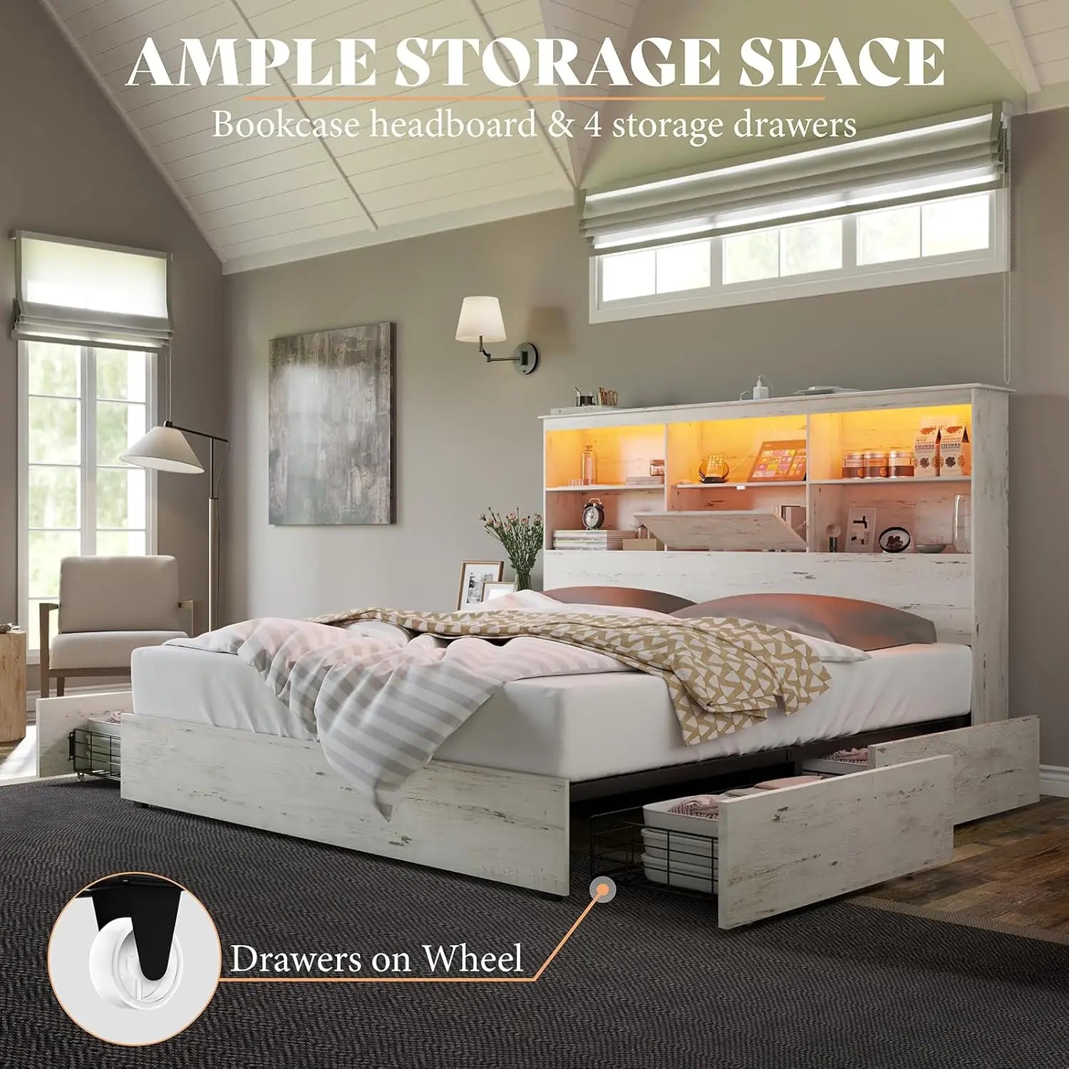 2-Piece Bedroom Set, Queen Bed Frame and 6 Drawer Dresser, Platform Bed with 51.2" LED Bookcase Headboard & 4 Under-Bed Drawers