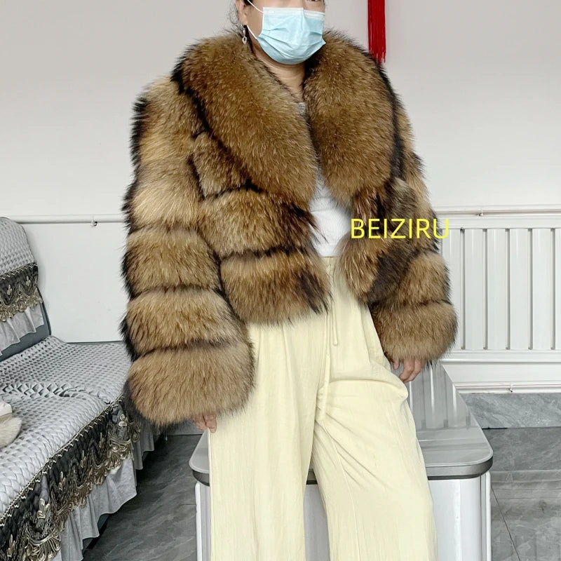BEIZIRU Women's Real Raccoon Fur Coat Winter Long Sleeve Hooded Jacket with Turndown Collar/ Natural Luxury /Thick Top