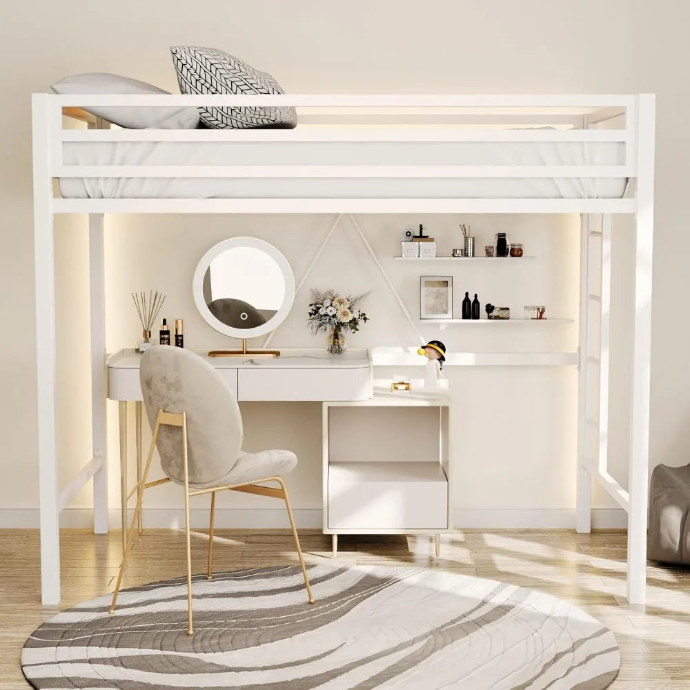 Twin Size Metal Loft Bed with Safety Rail and Ladder, No Box Spring Required, Space-Saving Cream White Bedroom Furniture