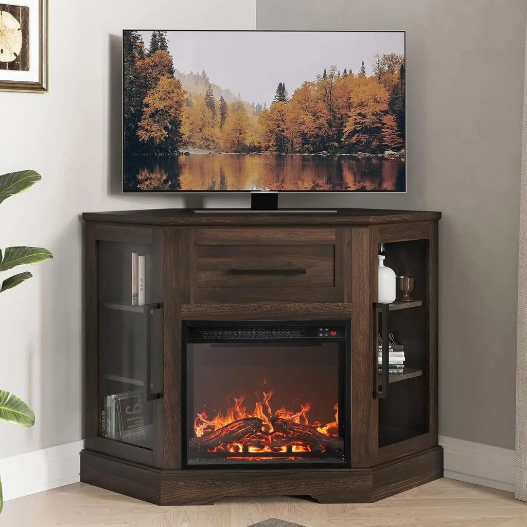 43" Corner TV Stand with 18" Electric Fireplace Heater for TVs up to 43", Modern Corner Wood Entertainment Center