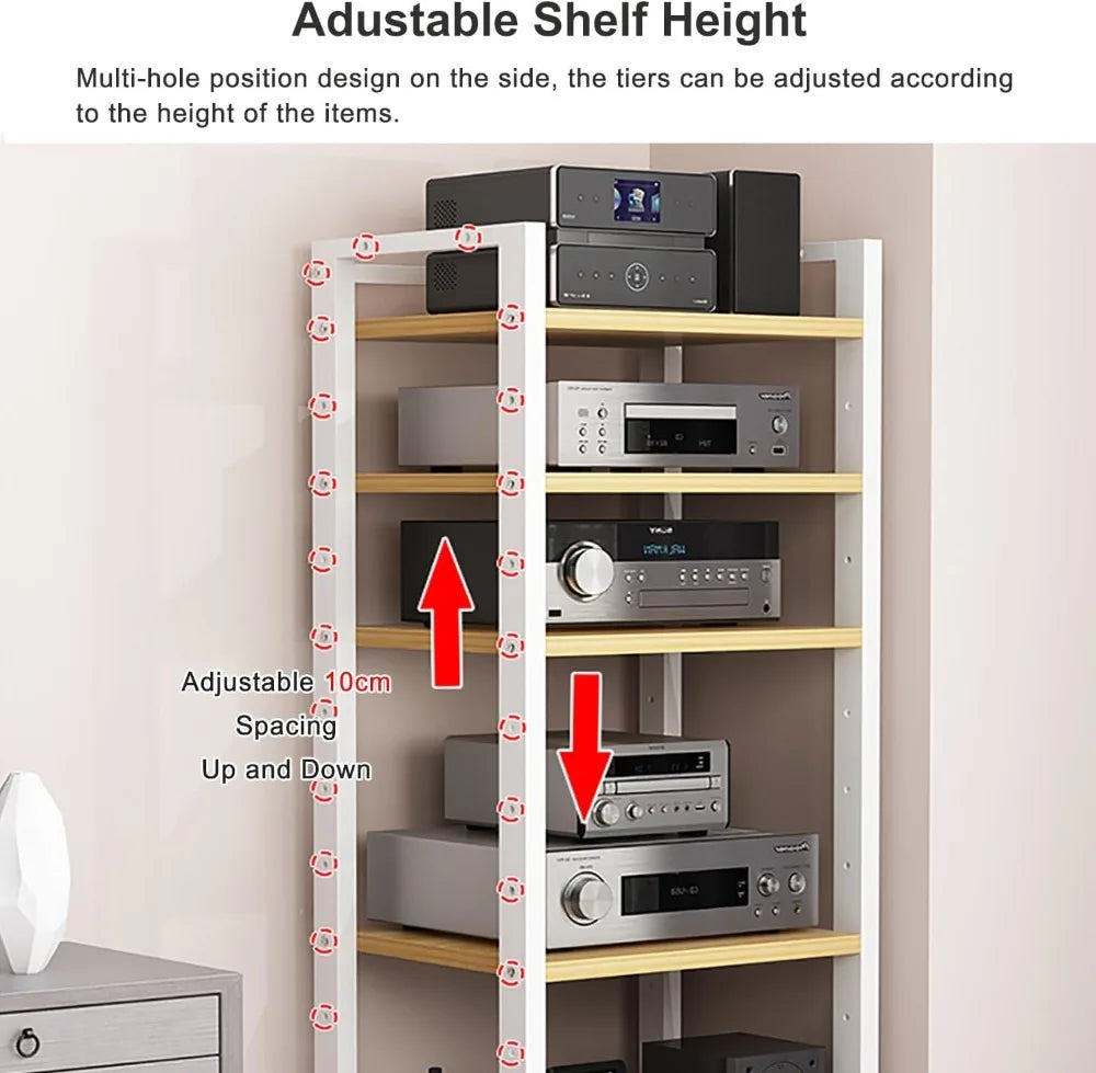 7-Tier Heavy Duty Audio Video Rack, Adjustable Shelves, 360° Wheels, HiFi Stereo Cabinet for Home Office