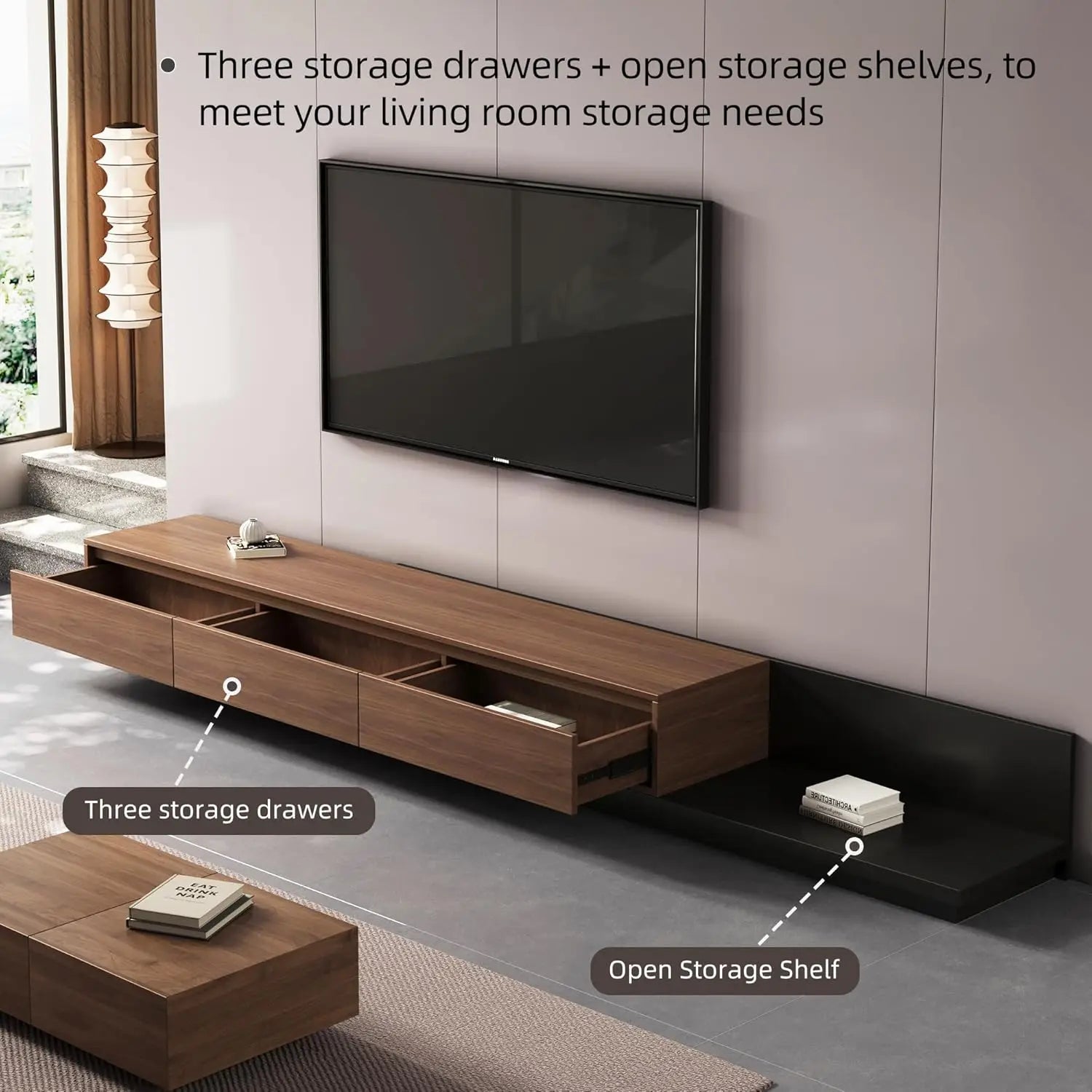 Adjustable TV Stand Entertainment Center, 3 - Drawer Extendable Media Console (79"-130") with Storage Cabinets - Stylish Walnut