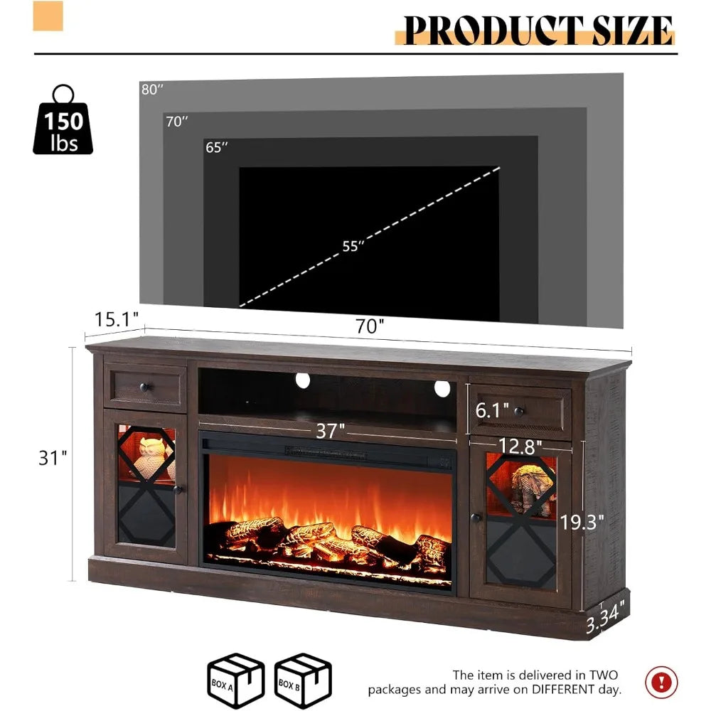 Farmhouse 70" Fireplace TV Stand with 37" Fireplace, Large LED Media Entertainment Center for 80" TVs, 31" Tall Highboy TV Console