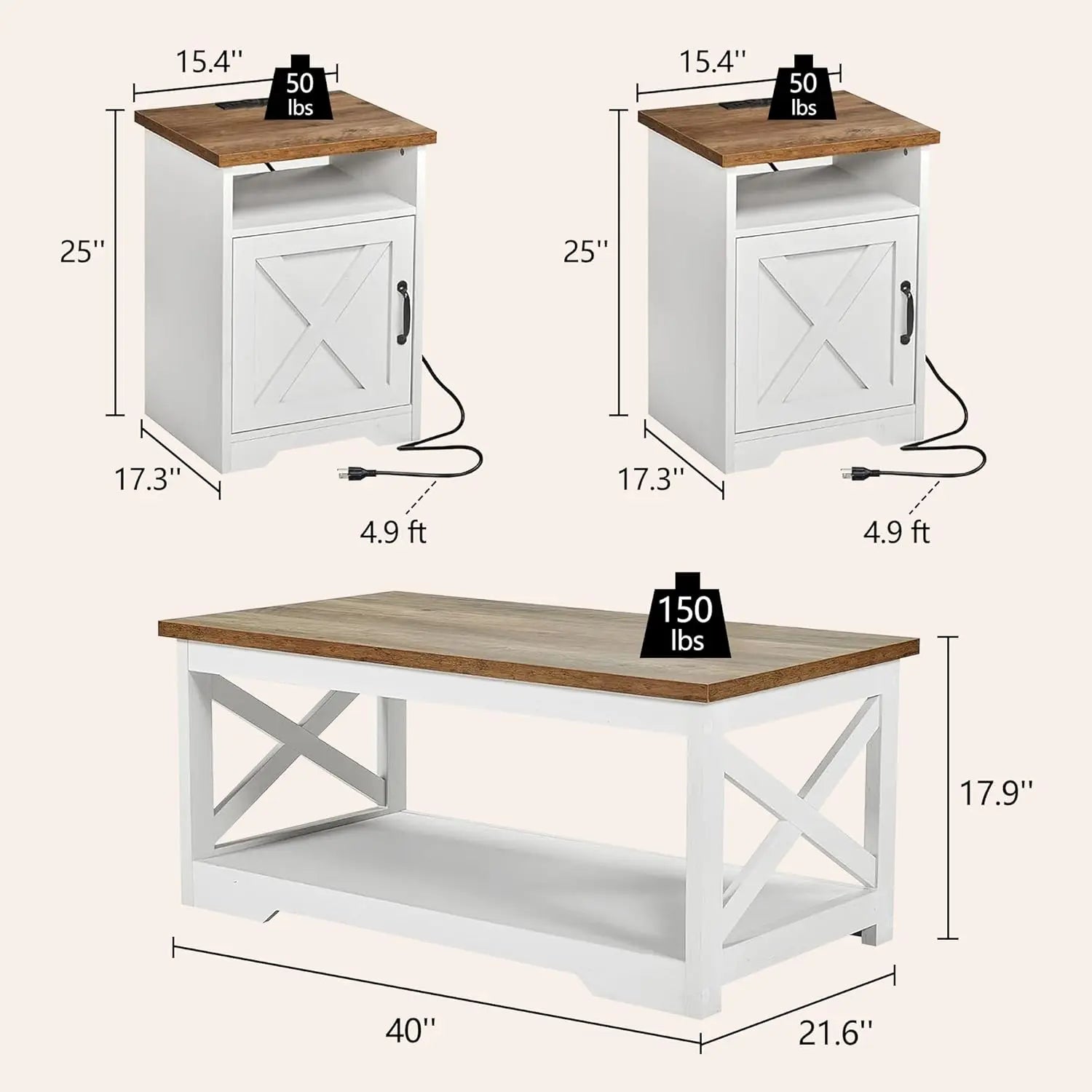 3-Piece Farmhouse Living Room Table Sets, Includes 1 X Coffee Table, 2 X End Tables With Charging Station & USB Ports
