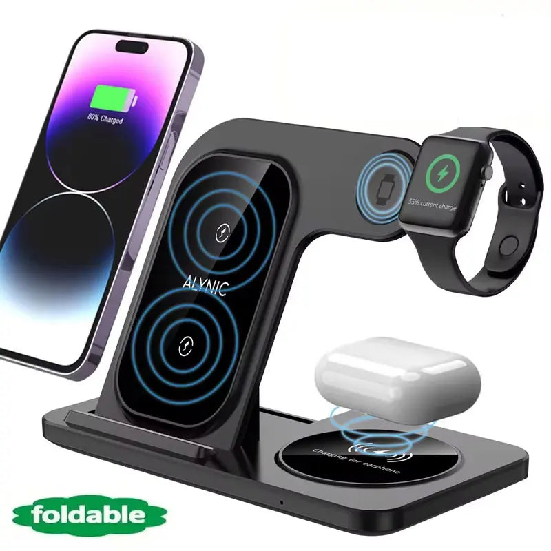 Desk Fast Wireless Charger Stand Pad/ Foldable Fast Charging Station Dock for iPhone 16 15 14 13 12 Pro Max Apple Watch, Air Pods