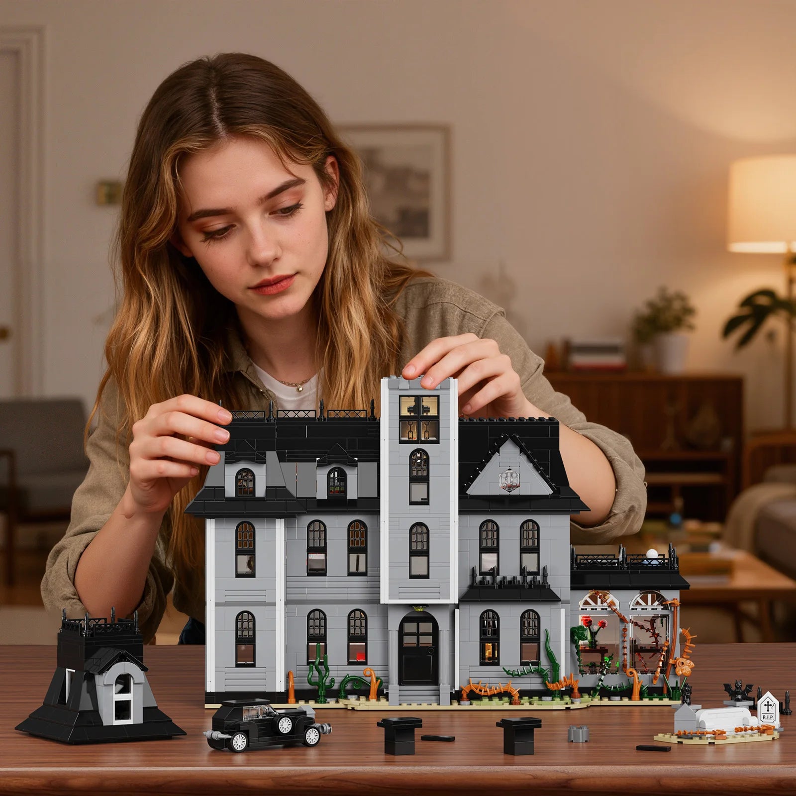 Gothic House Building Blocks Set/ Nightfall Manor Architecture /Bricks Creative Home Decoration/ Desktop Ornament/ Halloween Gift for Adults