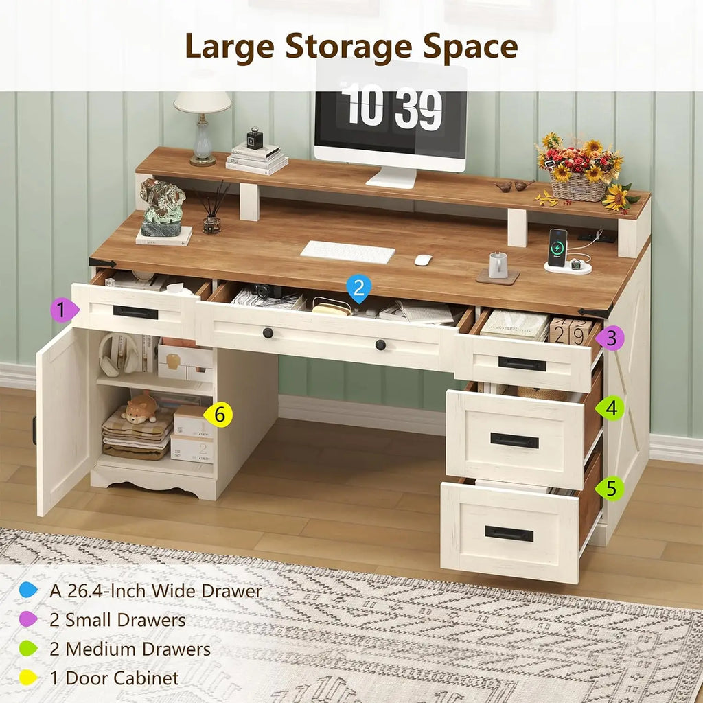 Farmhouse Executive Desk with Drawers & Storage Shelves, 55" Computer Desk with Power Outlets, Home/ Office Desk