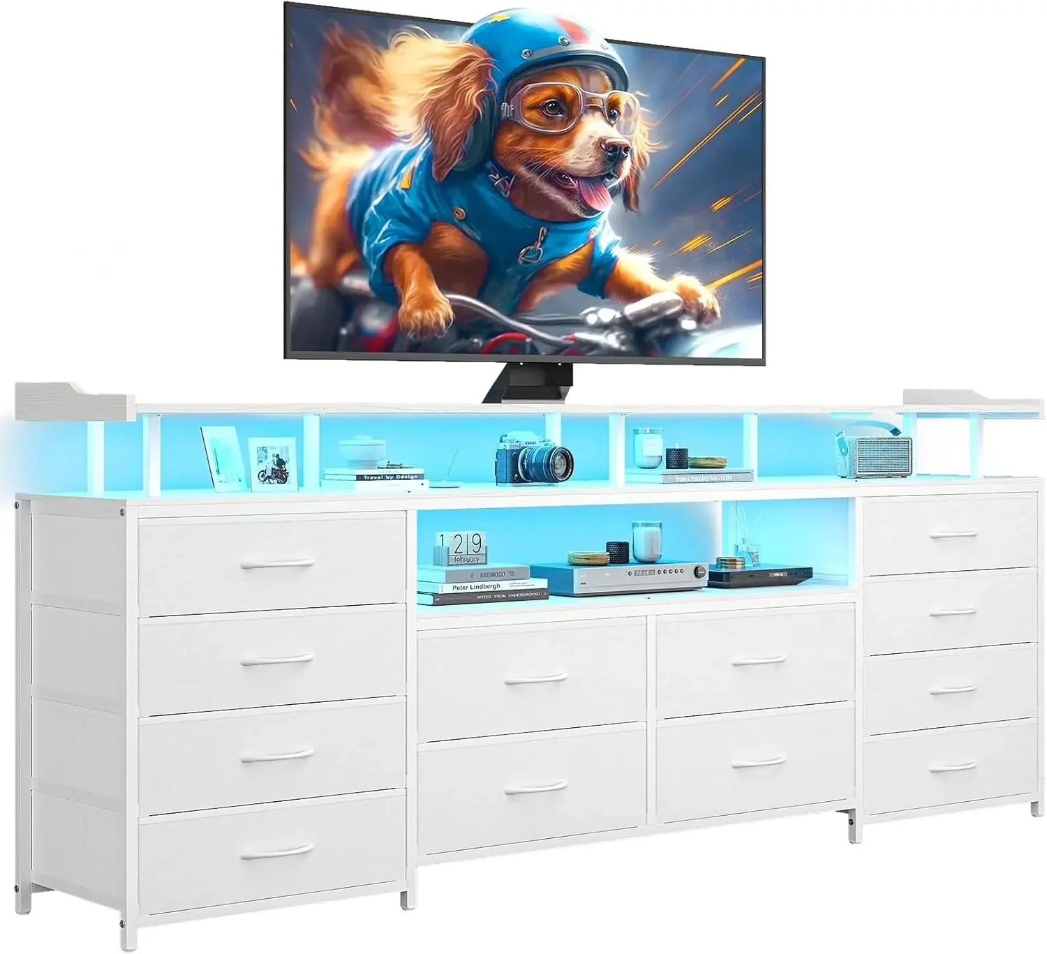 Entertainment Center with LED Lights & Power Outlets, 12 Drawers/ TV Stand Dresser for 65/70" TV, 63" Large LED TV Stand
