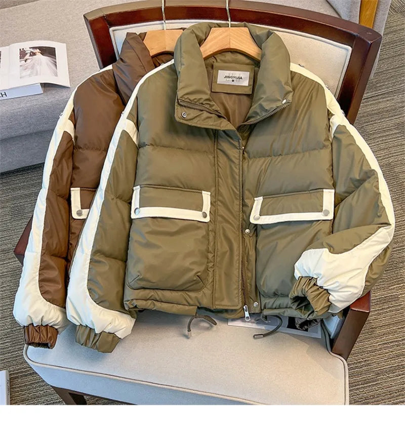 Y2K American New PU Fashion Solid Color Stitching Short Leisure Sports Cotton-padded Jacket Female Joker Loose Leather Coat