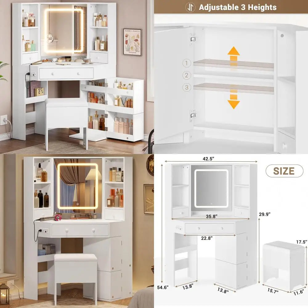 Corner Vanity Desk with Charging Station and Storage, Complete Makeup Vanity with Lighted Mirror and Stool