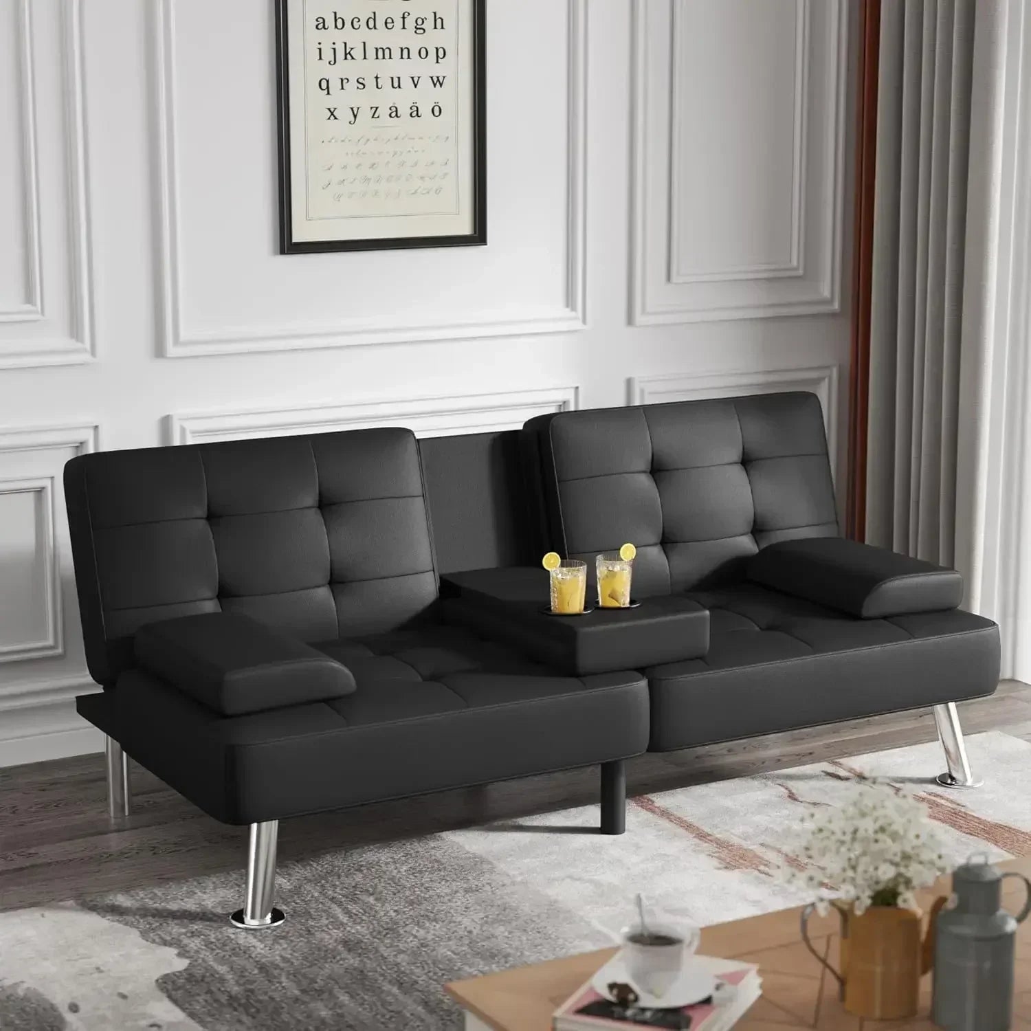 Futon Sofa Bed Modern Folding Futon Set Convertible Recliner Lounge for Living Room with 2 Cup Holders