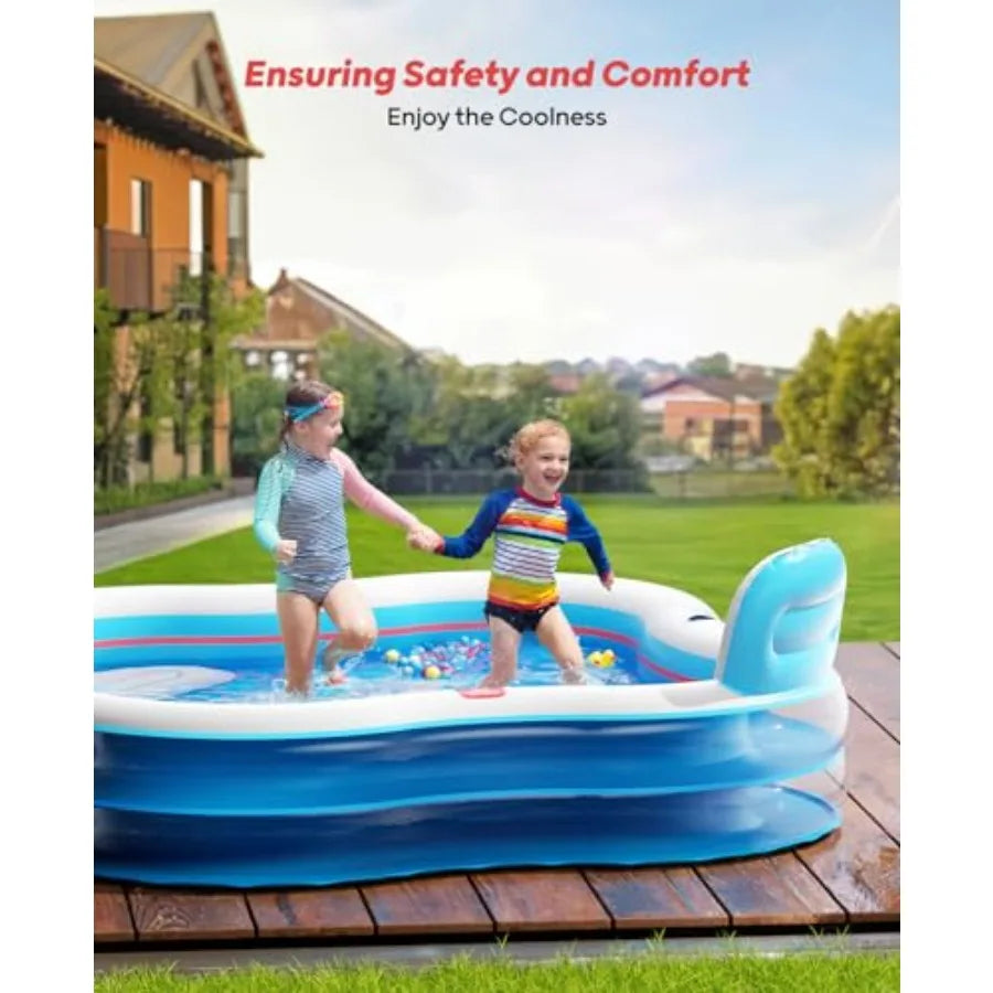 Inflatable Swimming Pool with 2 Seats and Backrests, 80 L x 80 W x 16.5 D Large Full-Sized Family Pools for Backyard, Garden, O