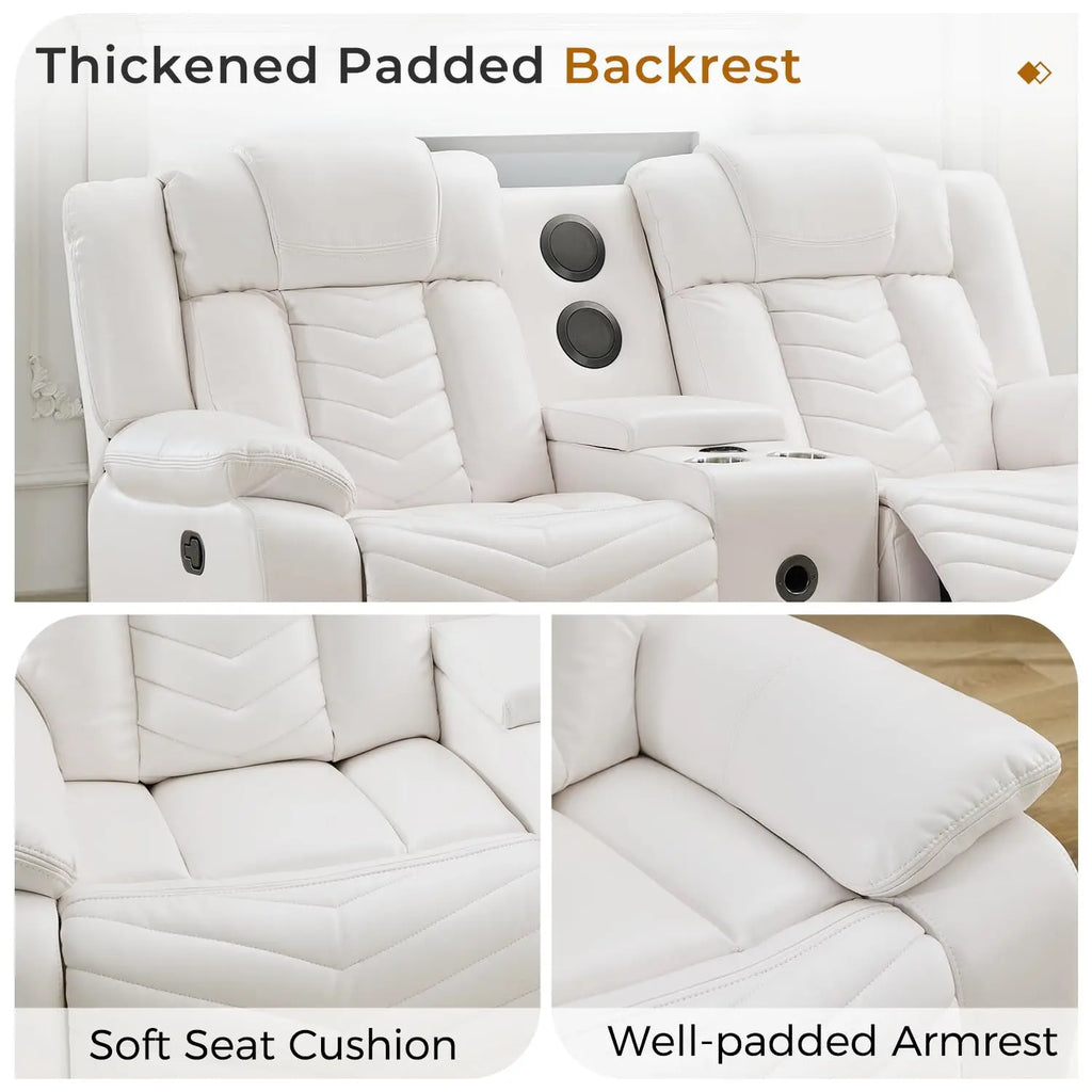 Manual Recliner Loveseat with Bass Speaker, Faux Leather Reclining Love Seat with LED Lights, USB Charger, Cup Holder