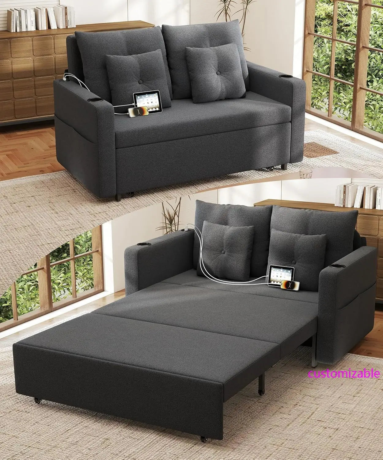 3 in 1 Sofa Bed, 56" Convertible Pull Out Couch, Loveseat Sleeper Sofa with Cup Holders, USB, Sofa Couches