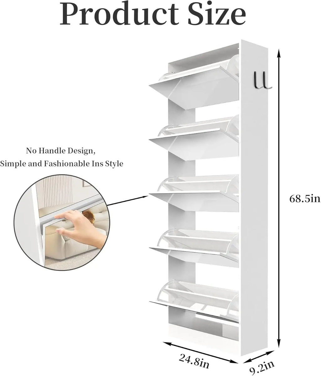 Mirror Shoe Cabinet with Explosion-Proof Glass - 5-Tier Space-Saving Entryway Storage Organizer,Slim Shoe Rack with Flip Drawers