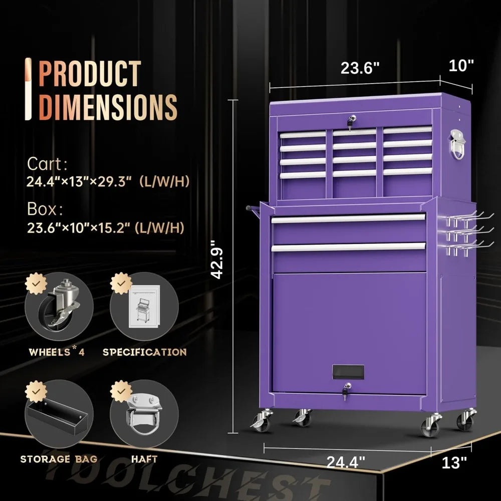 8 Drawer Tool Chest with Wheels, 2-in-1 Detachable Rolling Tool Chest with Drawers, Large Tool Cart on Lockable Wheels