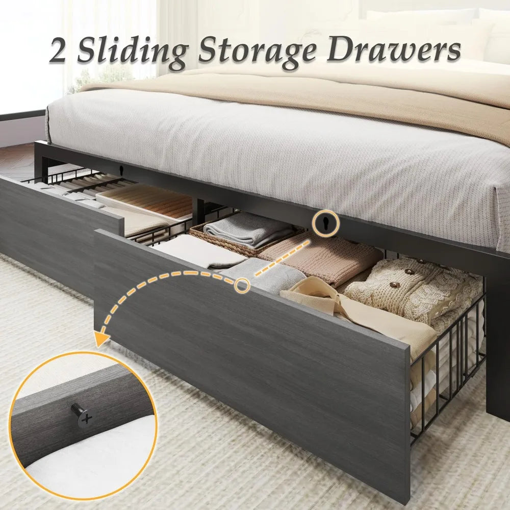 Full Bed Frame with 2-Tier Storage Headboard, Metal Bed Frame with Storage Drawers & Built-in Charging Station & LED