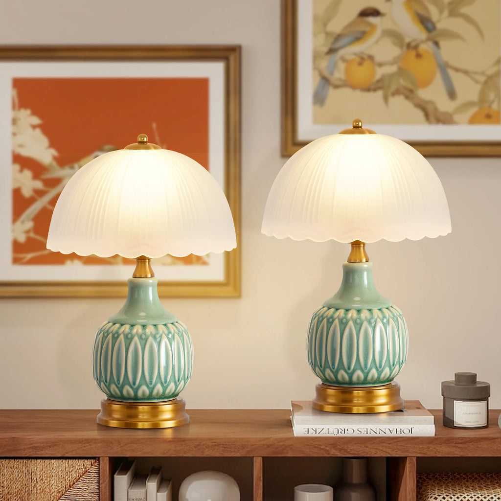 Vintage Lamp for Living Room,16" Modern Ceramic Table Lamps for Bedroom, Retro Bedside Nightstand/ Traditional Lamps ,Classic Chino