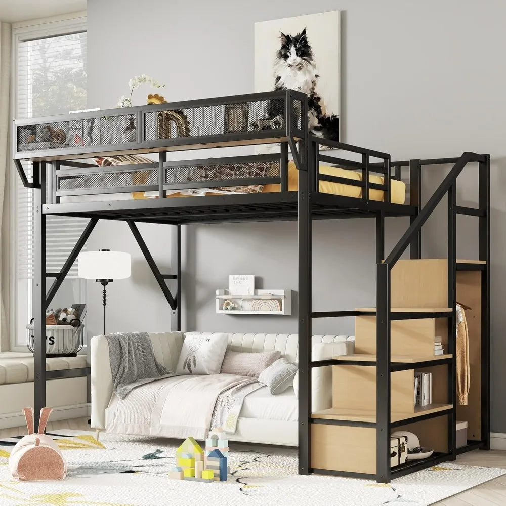 Full Size Metal Loft Bed with Staircase, Built-in Storage Shelves & Wardrobe, Easy Assembly, Black