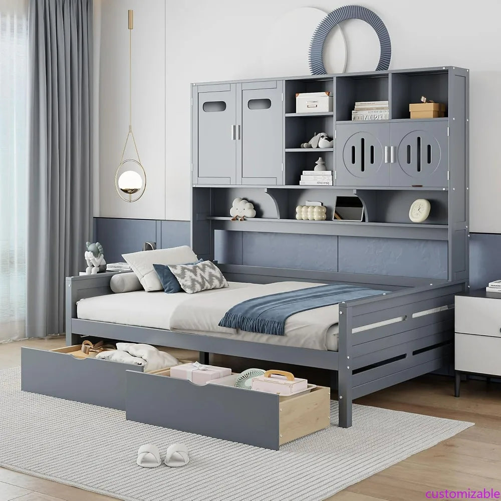 Gray Full Size Wooden Daybed with Storage Drawers, Bookcase Headboard, and All-in-One Cabinet & Shelf