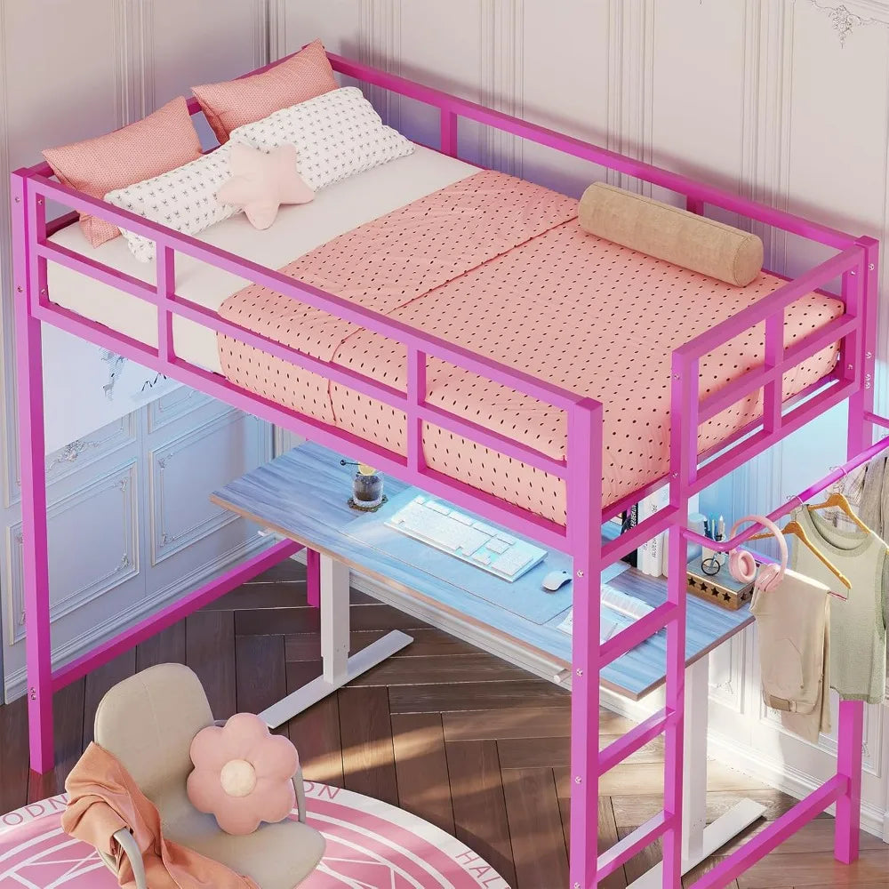 Twin Size Pink Loft Bed with LED Lights, Full-Length Guardrail, and Clothes Rack - Heavy Duty Metal Frame