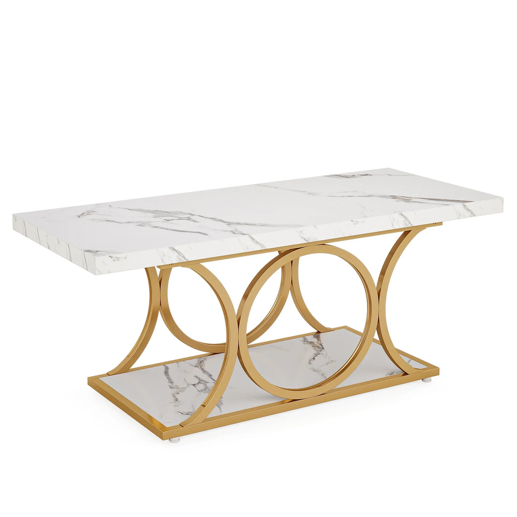 Rectangle Coffee Table, 2-Tier Faux Marble Wood