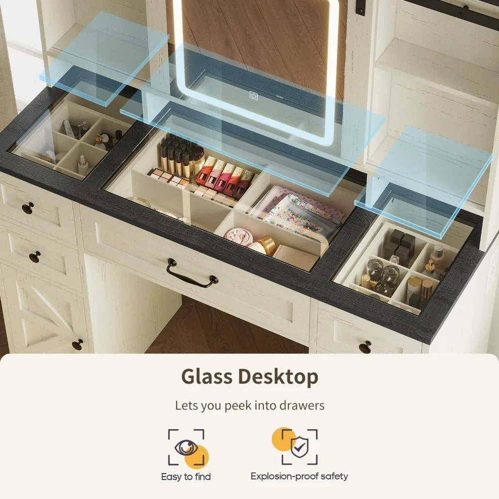 Rustic Farmhouse Style Vanity Desk with Glass Top, Sliding Lighted Mirror, and Built-in Power Outlet