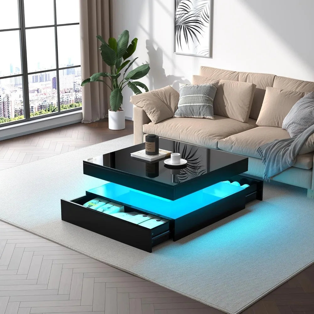 LED Coffee Table for Living Room with Storage - High Glossy Modern White Center Table with 2 Drawers, Square Wooden Middle Table