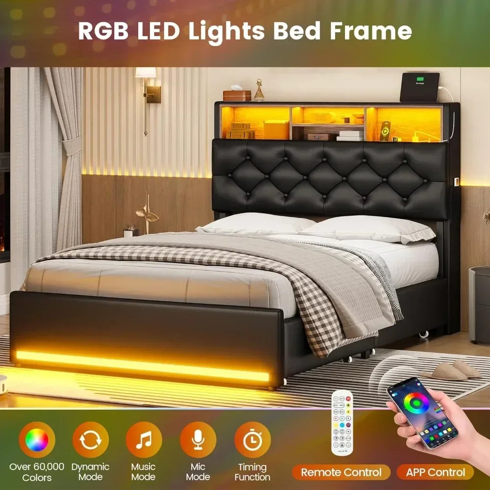 Twin Bed Frames with Headboard & 4 Drawers, LED Bed Frame Twin with Charging Station, Upholstered and Metal Twin Bed with Storage