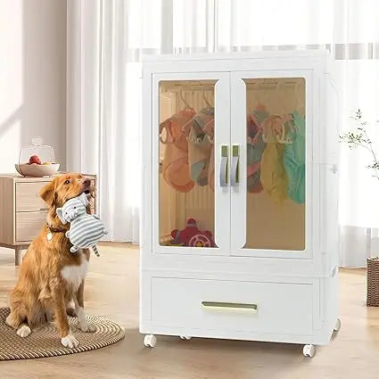 Stackable Pet Wardrobe with Storage Bins, Doors, Wheels, and Hanging Rods for Dog Accessories and Toys