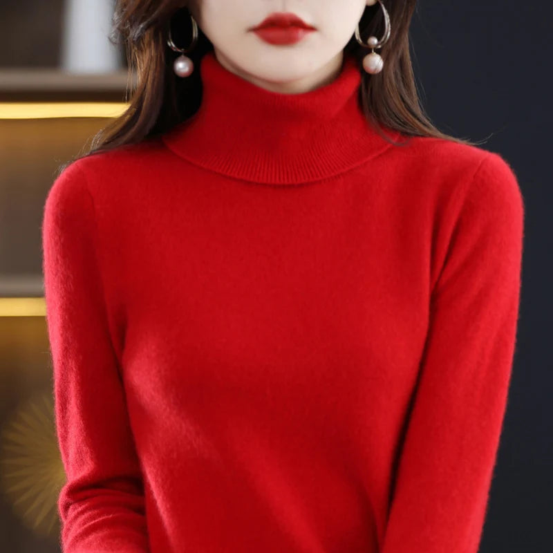 100% Merino Wool Cashmere Sweater Women Knitted Sweater Turtleneck, Long Sleeve Pullovers Autumn/ Winter Clothing