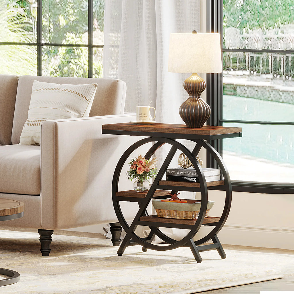 Tribesigns End Table for Living Room, 3-Tier Narrow Side Table with Storage, Wood Sofa Side Table with Geometric Metal Frame
