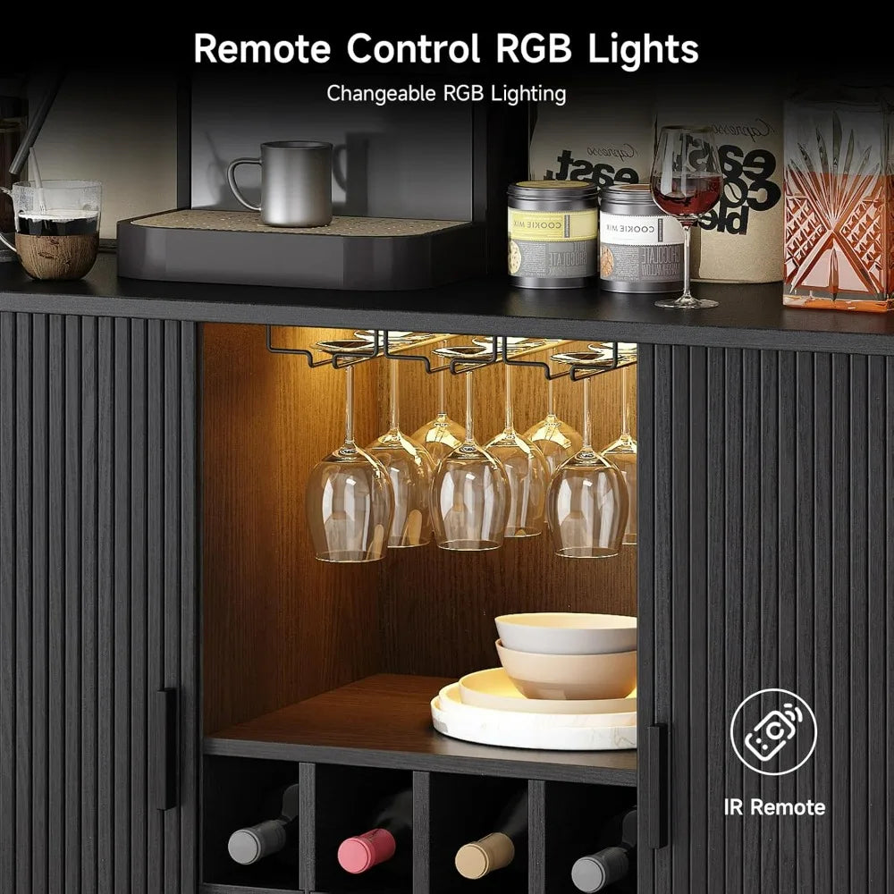 Modern Farmhouse-Style Wine/ Bar Cabinet with LED Lighting, Liquor/Whiskey Storage, and Glass Holder
