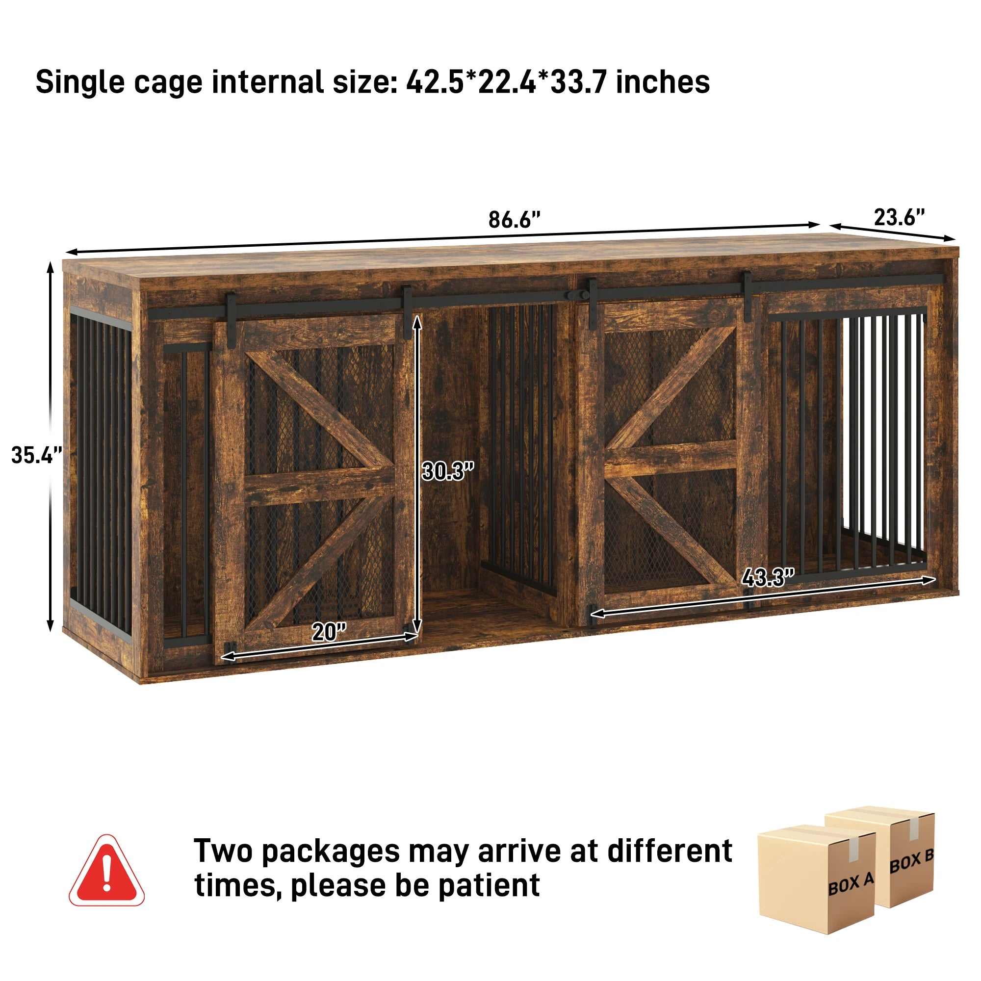 Farmhouse Dog Crate TV Stand, Wooden Dog Kennel Furniture with Sliding Metal Mesh Barn Door, 87'' Large Dog Crate Furniture