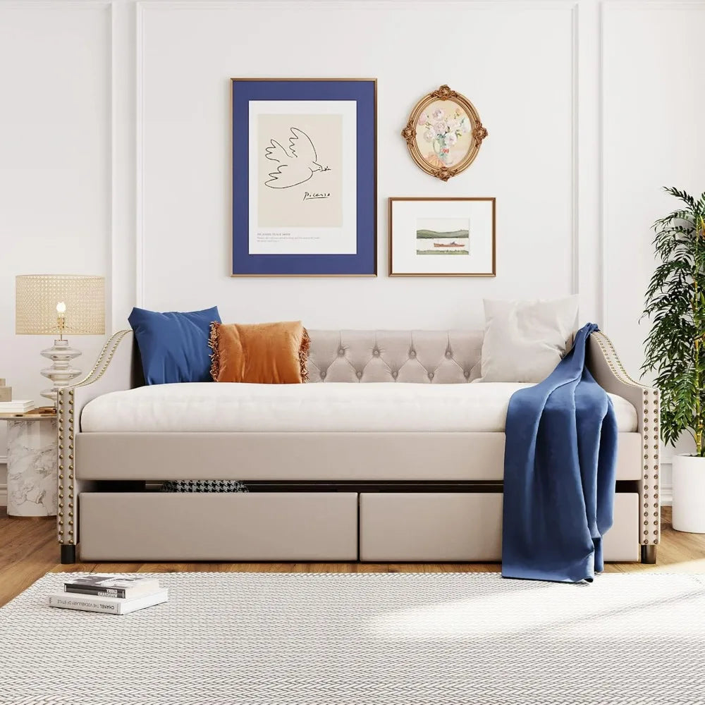 Full Size Linen Daybed with Diamond Tufted Backrest, Armrests, and Two Drawers for Guest and Bedroom Use