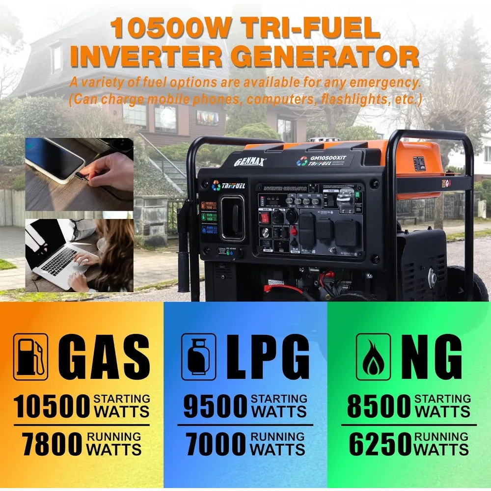 10500 Peak Watt Tri-Fuel Open Frame Inverter Generator with ATS, Quiet Tech, CO Sensor, Digital Display, and 50A