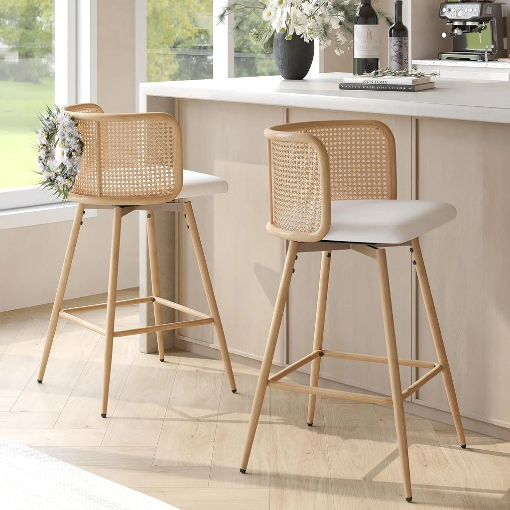 NEW Swivel Rattan Bar Stools Set of 2, 26” Counter Height Stools with Natural Rattan Woven Back and Faux Leather Seat