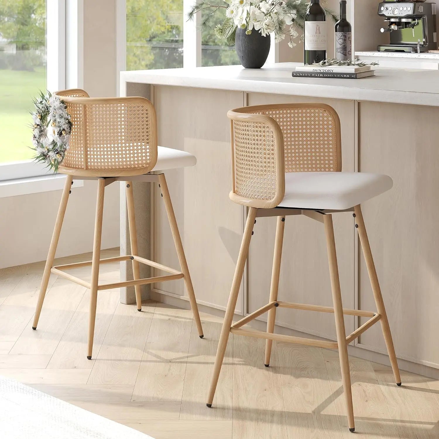 NEW Swivel Rattan Bar Stools Set of 2, 26” Counter Height Stools with Natural Rattan Woven Back and Faux Leather Seat