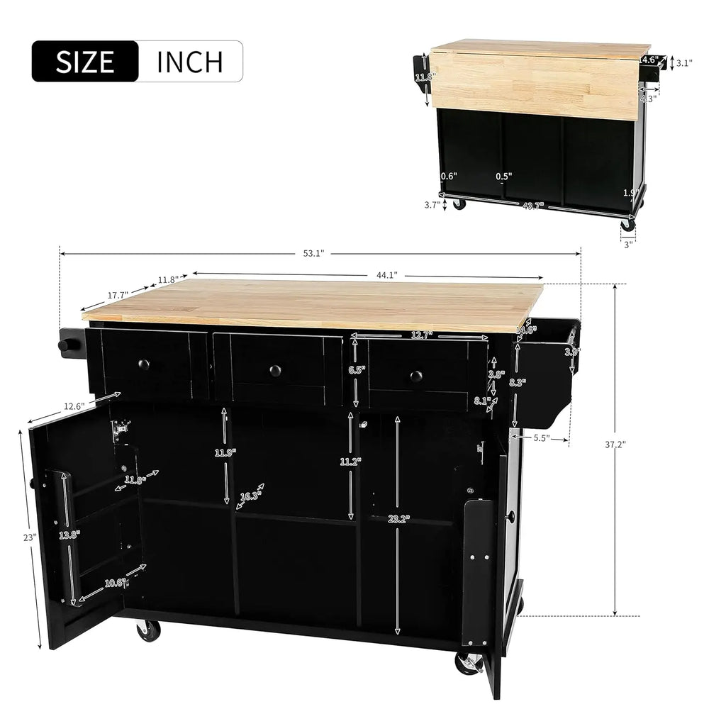 Rolling Kitchen Island with Drop Leaf, Kitchen Cart on Wheels with 3 Drawers and 2 Cabinets, Wood Portable Trolley, Customized