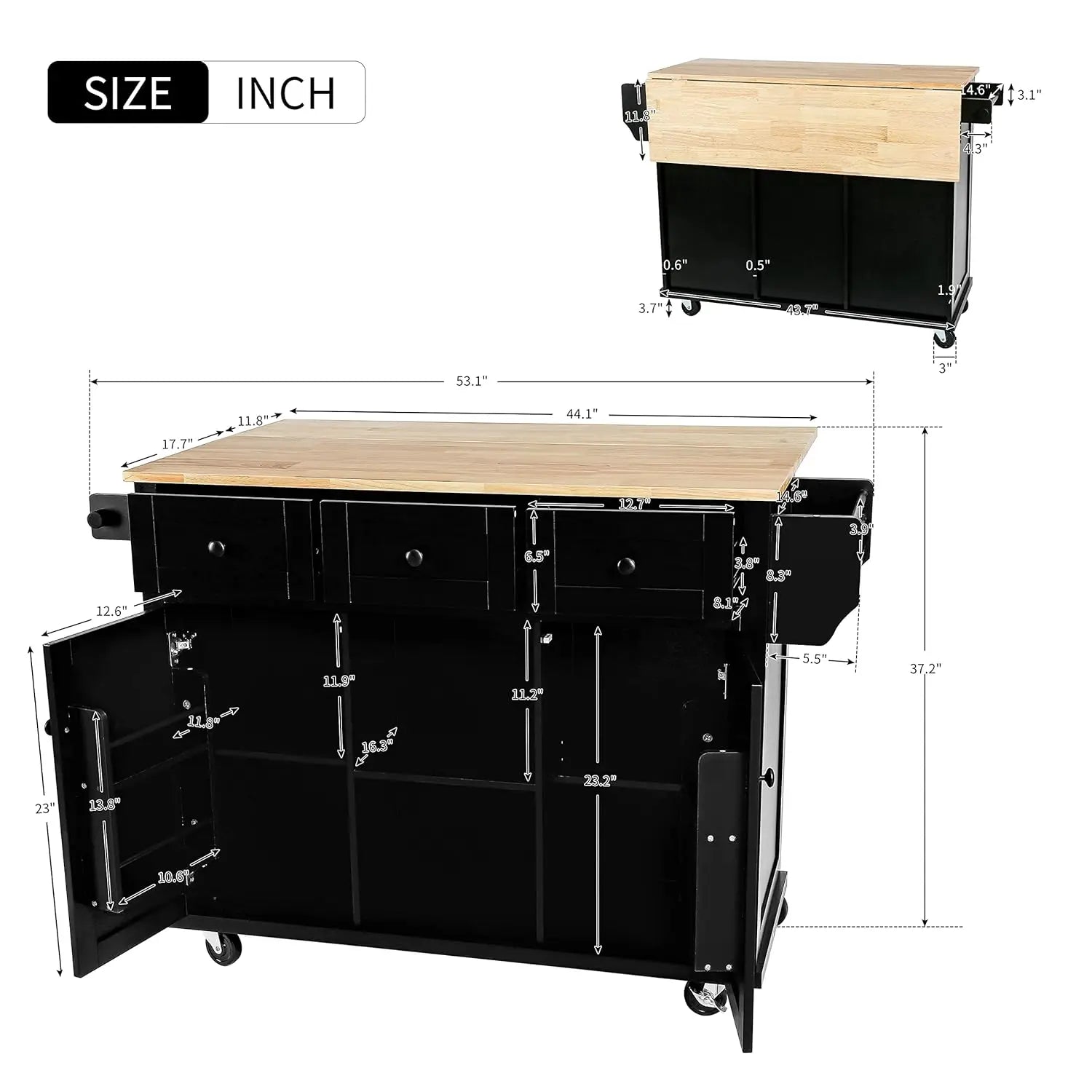 Rolling Kitchen Island with Drop Leaf, Kitchen Cart on Wheels with 3 Drawers and 2 Cabinets, Wood Portable Trolley, Customized