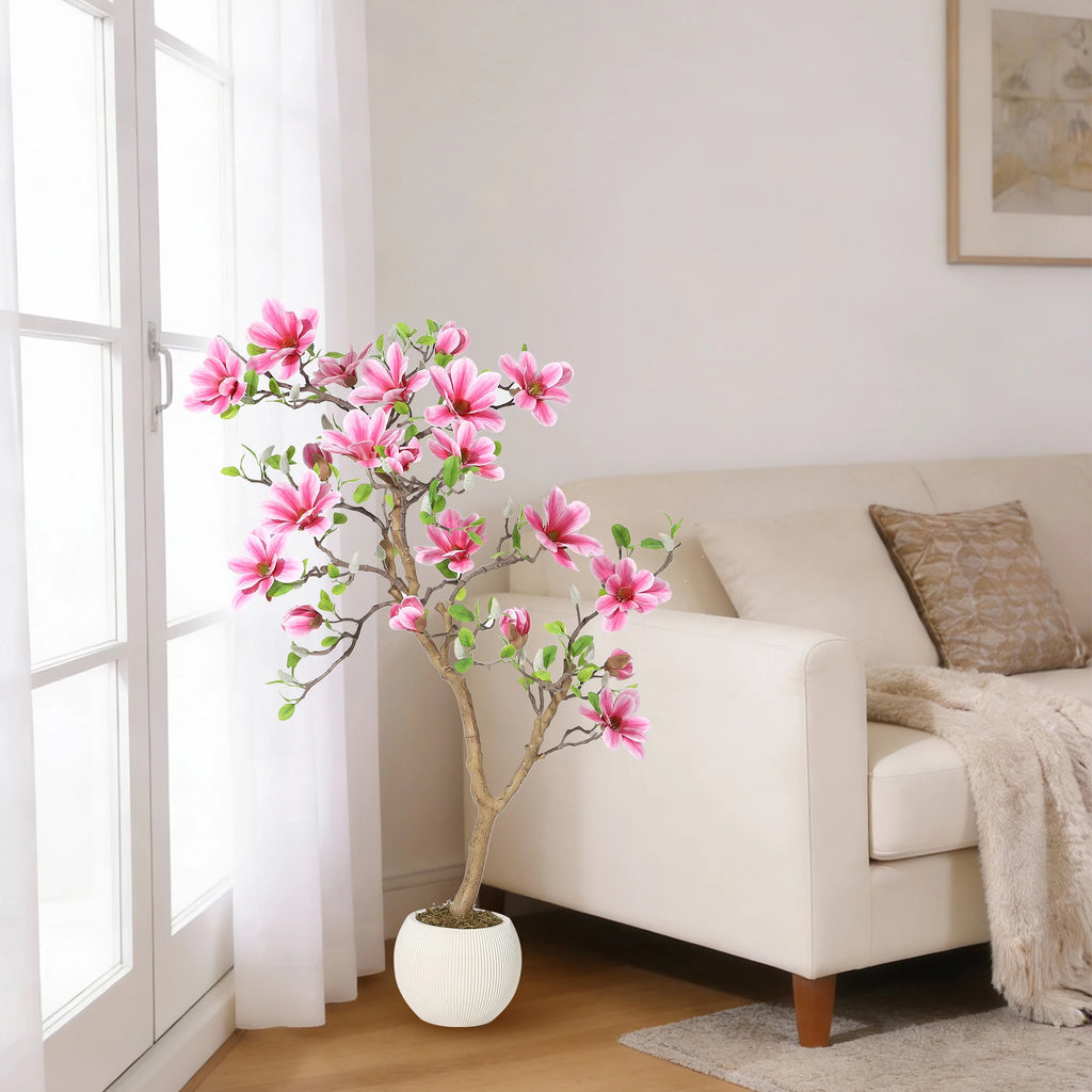 Lifelike Pink Magnolia Artificial Tree for Home Decor – Realistic Tall Silk Faux Plant Flower in Pot for Living Room/ Entryway