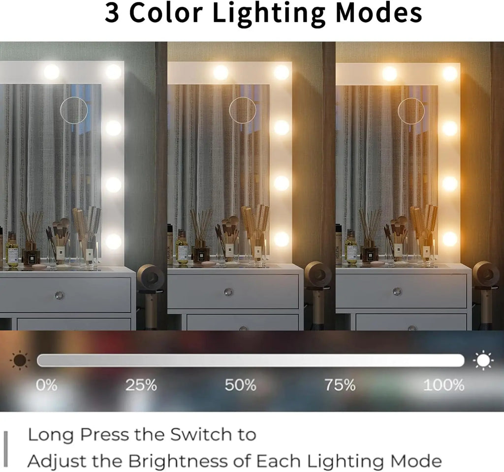 55" W Vanity Desk, Makeup Vanity with Charging Station, 15 Drawers with Lighted Mirror, 3 Lighting Modes, Brightness