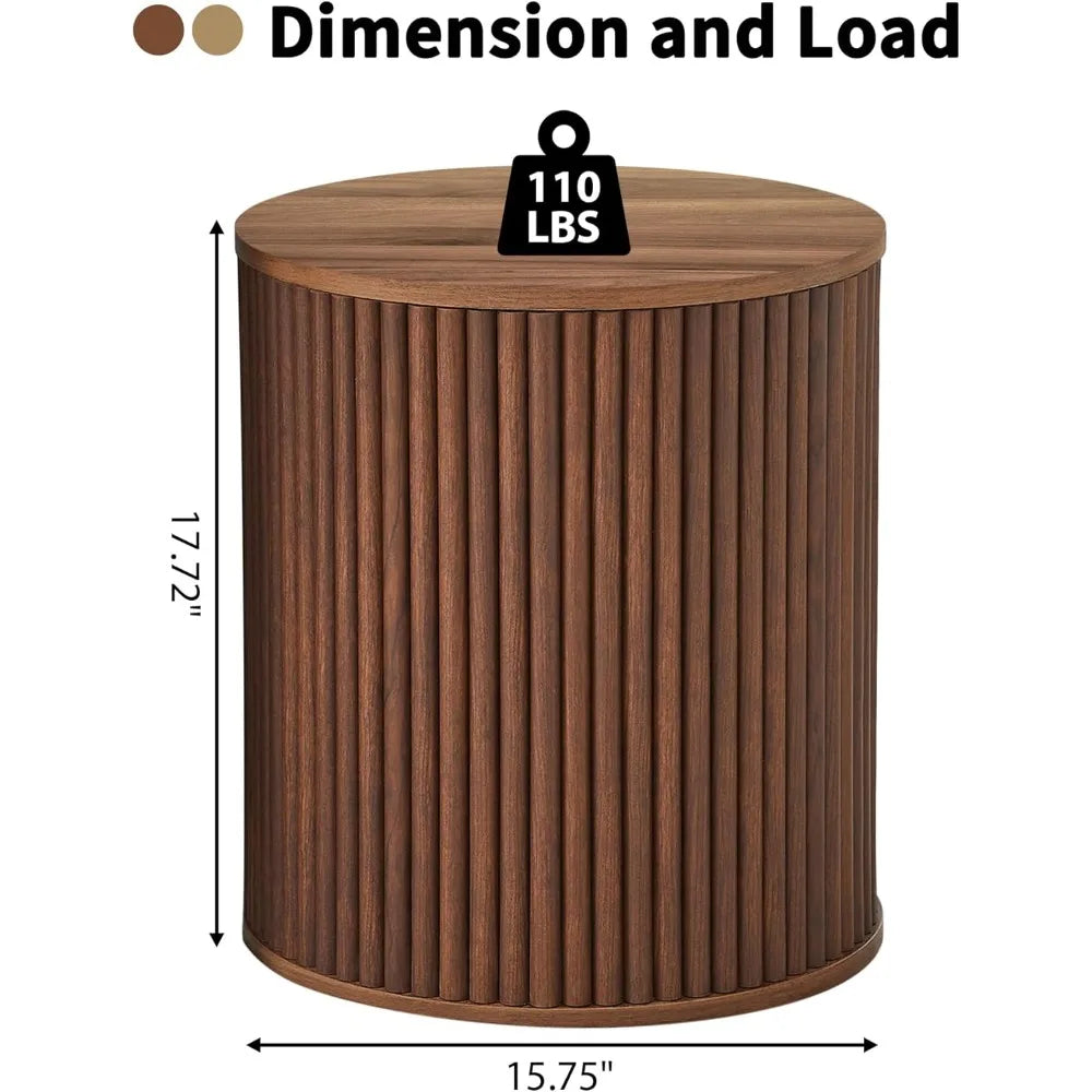 Pair of Mid-Century Modern Round Fluted Side Tables, 15.7 Wooden Nightstands with Storage for Bedside Use